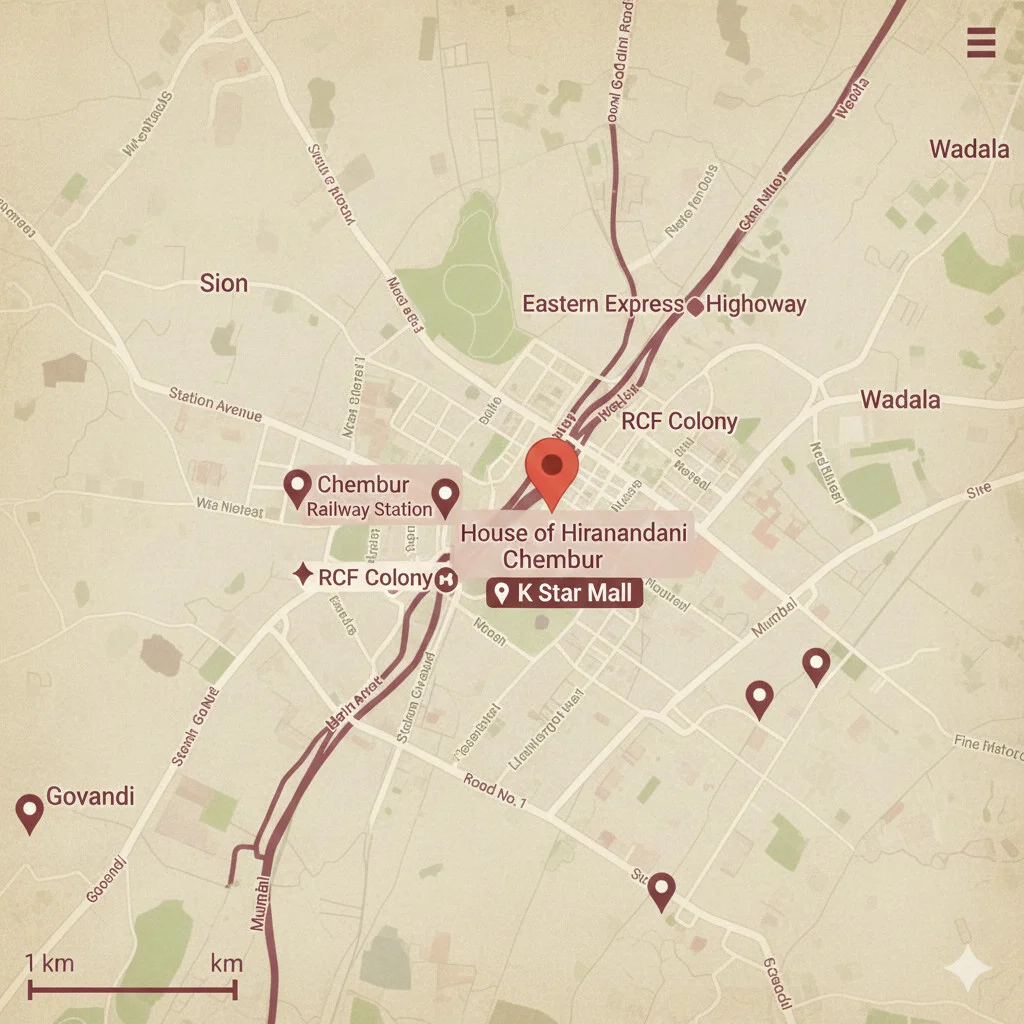 Hiranandani Maitri Park Chembur location map showing connectivity to BKC, Eastern Freeway, Metro, and Railway Station